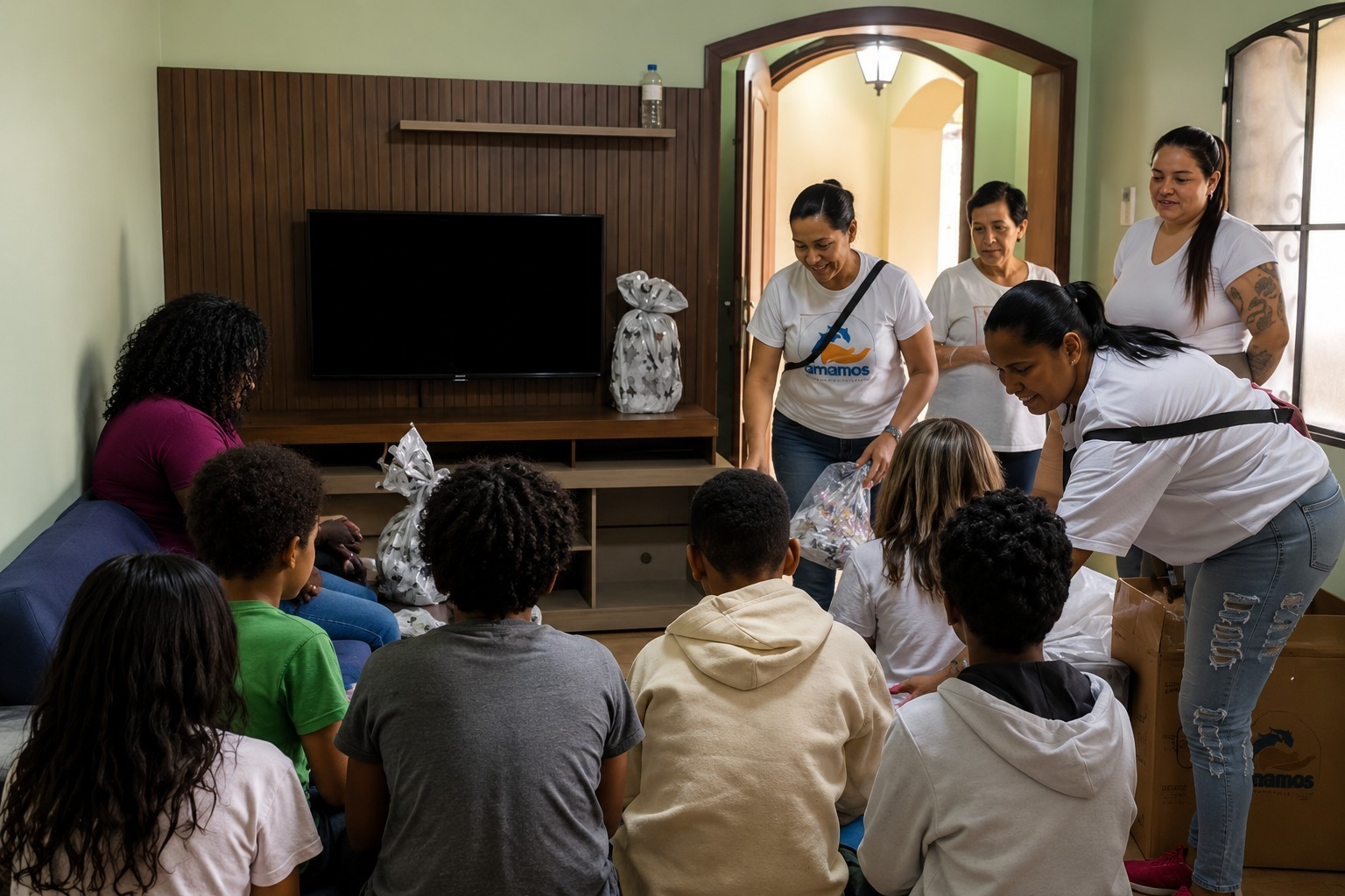 Crianças e educadores da Amamos reunidos em ambiente acolhedor